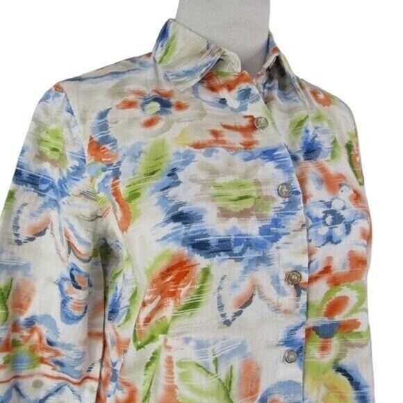 Alfred Dunner Button Front Blouse Aztec Floral Motif Size 8P Shoulder Pads - Picture 5 of 8